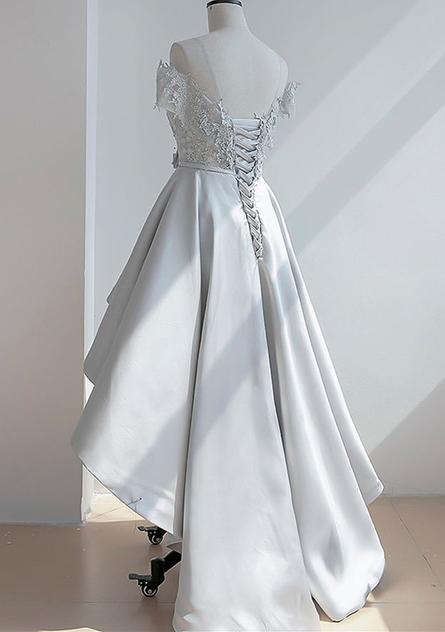 Modern A-Line Illusion Neck Short Sleeve Satin Asymmetrical Homecoming Dress With Appliqued Waistband BM bride