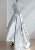 Modern A-Line Illusion Neck Short Sleeve Satin Asymmetrical Homecoming Dress With Appliqued Waistband BM bride