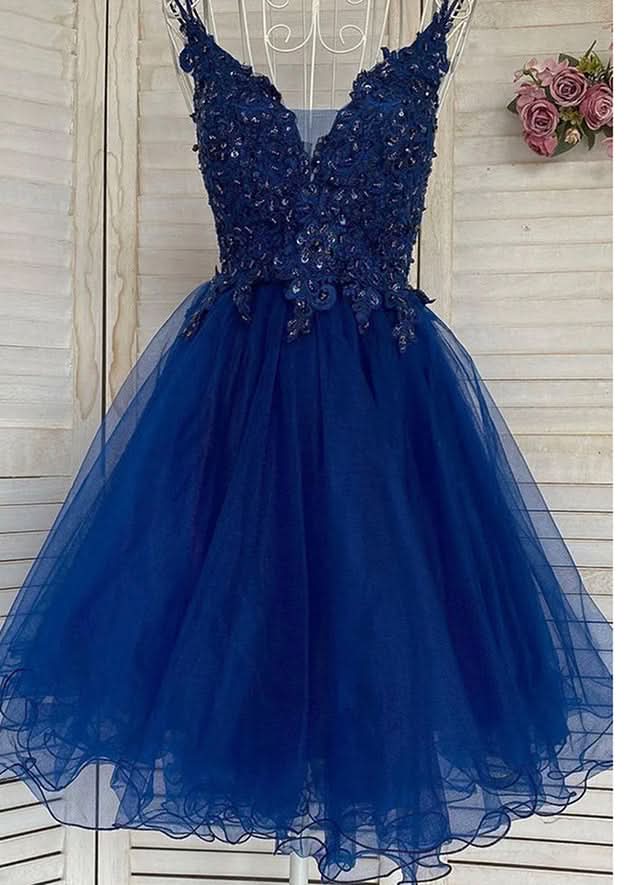 Radiant A-Line V-Neck Sleeveless Tulle Mini Homecoming Dress With Appliqued Beading And Sequins BM bride