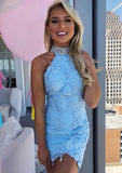 Unique Sheath/Column High-Neck Sleeveless Satin Mini Homecoming Dress With Appliqued Beading Lace BM bride