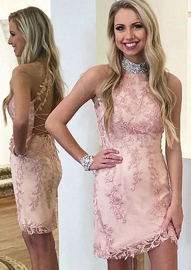 Unique Sheath/Column High-Neck Sleeveless Satin Mini Homecoming Dress With Appliqued Beading Lace BM bride