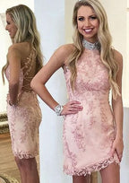 Unique Sheath/Column High-Neck Sleeveless Satin Mini Homecoming Dress With Appliqued Beading Lace BM bride