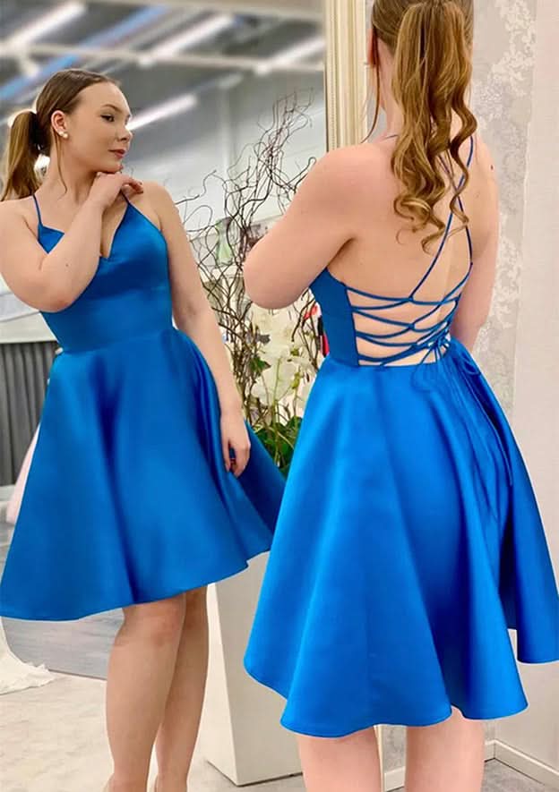 Classic A-Line V-Neck Sleeveless Satin Mini Homecoming Dress BM bride