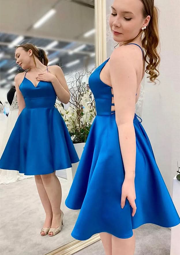 Classic A-Line V-Neck Sleeveless Satin Mini Homecoming Dress BM bride
