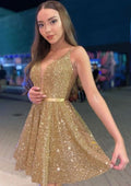 Sparkling A-Line V-Neck Sleeveless Sequined Mini Homecoming Dress With Sashes BM bride