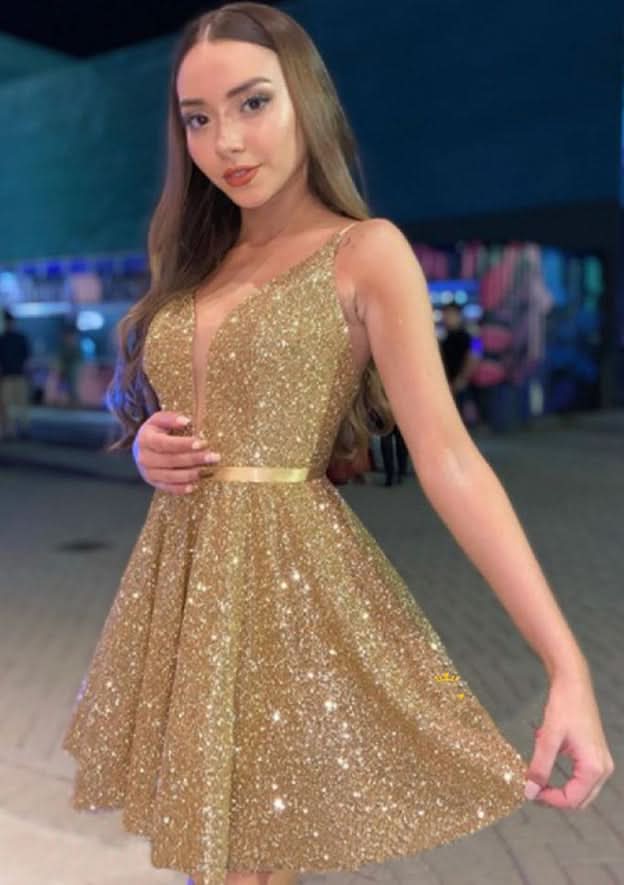 Sparkling A-Line V-Neck Sleeveless Sequined Mini Homecoming Dress With Sashes BM bride