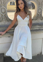 Sophisticated A-Line V-Neck Sleeveless Satin Tea-Length Homecoming Dress BM bride