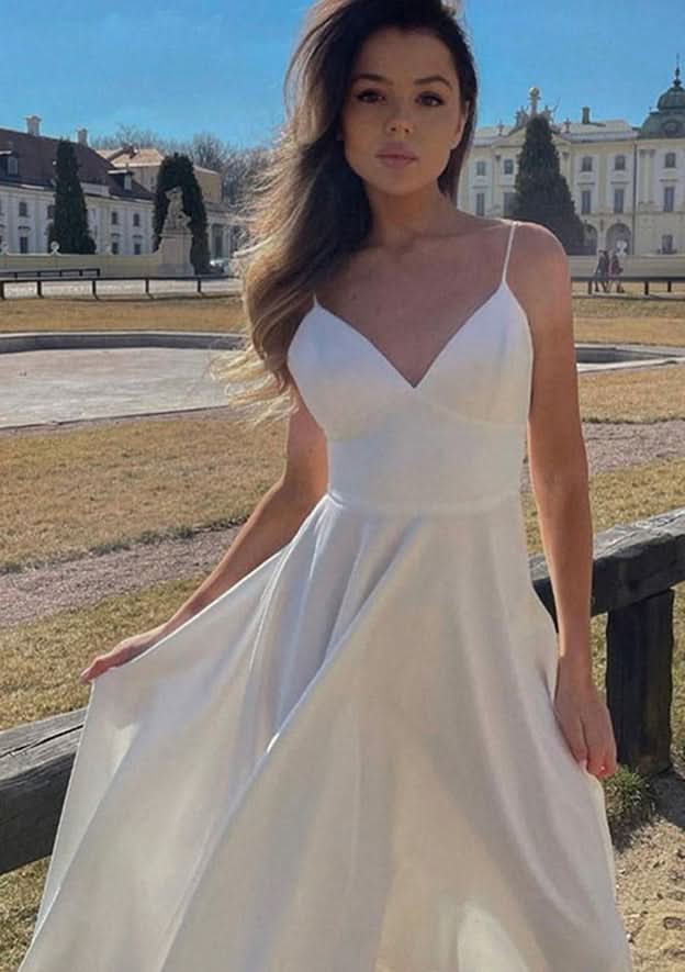 Sophisticated A-Line V-Neck Sleeveless Satin Tea-Length Homecoming Dress BM bride