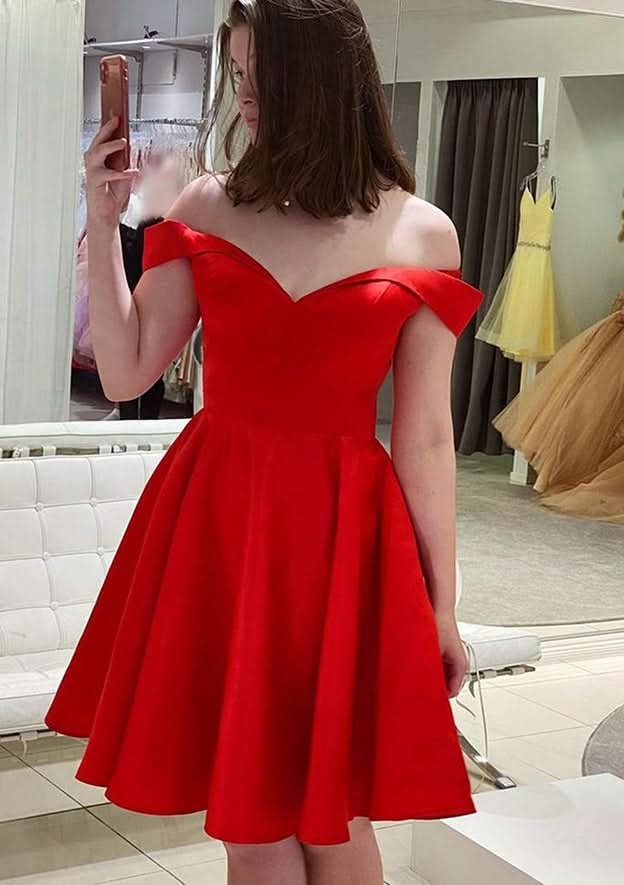 Lovely A-Line Off-The-Shoulder Mini Satin Homecoming Dress BM bride