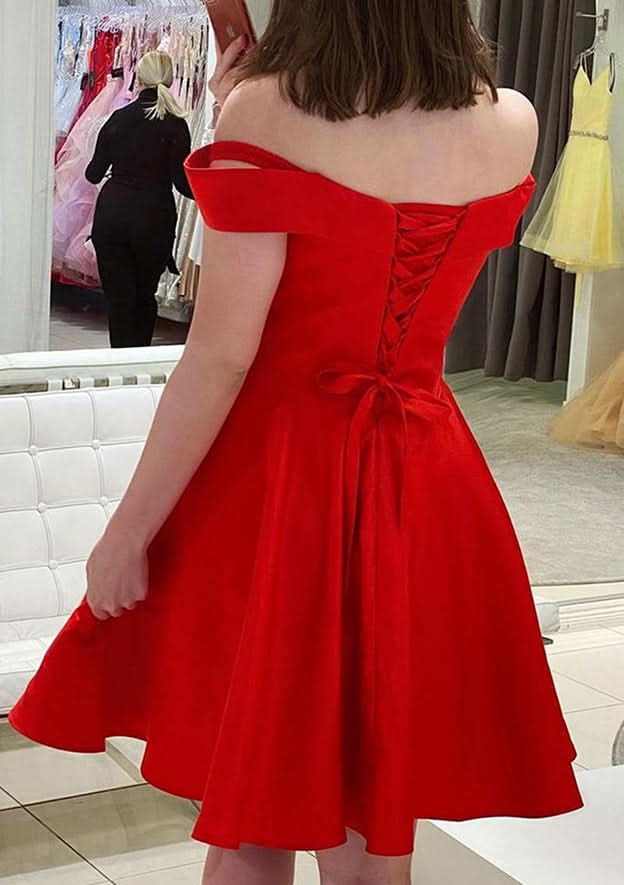 Lovely A-Line Off-The-Shoulder Mini Satin Homecoming Dress BM bride