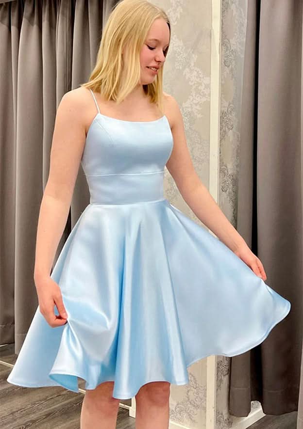 Refined A-Line Square Neckline Sleeveless Satin Mini Homecoming Dress BM bride