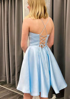 Refined A-Line Square Neckline Sleeveless Satin Mini Homecoming Dress BM bride