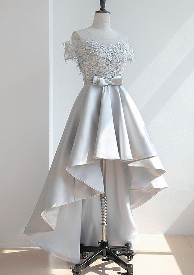 Modern A-Line Illusion Neck Short Sleeve Satin Asymmetrical Homecoming Dress With Appliqued Waistband BM bride