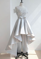 Modern A-Line Illusion Neck Short Sleeve Satin Asymmetrical Homecoming Dress With Appliqued Waistband BM bride