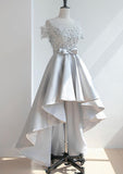 Modern A-Line Illusion Neck Short Sleeve Satin Asymmetrical Homecoming Dress With Appliqued Waistband BM bride