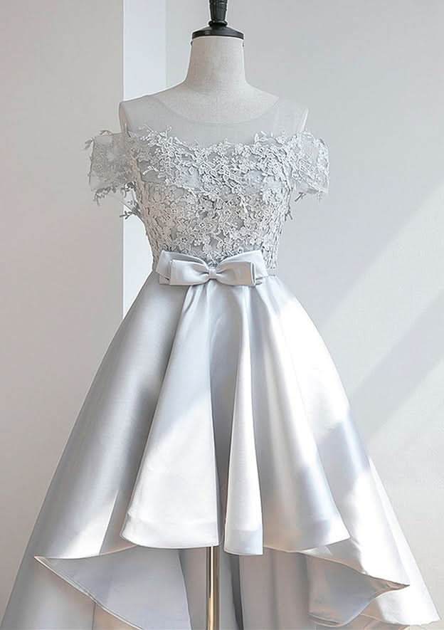 Modern A-Line Illusion Neck Short Sleeve Satin Asymmetrical Homecoming Dress With Appliqued Waistband BM bride