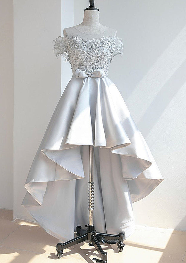 Modern A-Line Illusion Neck Short Sleeve Satin Asymmetrical Homecoming Dress With Appliqued Waistband BM bride