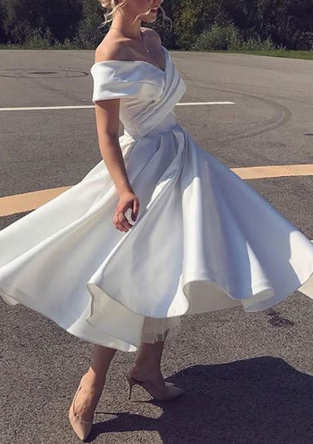 Elegant A-Line Off-The-Shoulder Short Sleeve Satin Tea-Length Homecoming Dress With Pleated Ruffles BM bride