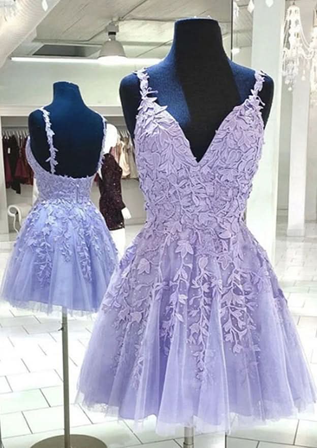 Beautiful A-Line V-Neck Sleeveless Lace Tulle Mini Homecoming Dress With Appliqued Beading BM bride