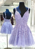 Beautiful A-Line V-Neck Sleeveless Lace Tulle Mini Homecoming Dress With Appliqued Beading BM bride