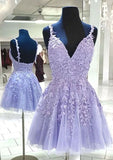 Beautiful A-Line V-Neck Sleeveless Lace Tulle Mini Homecoming Dress With Appliqued Beading BM bride