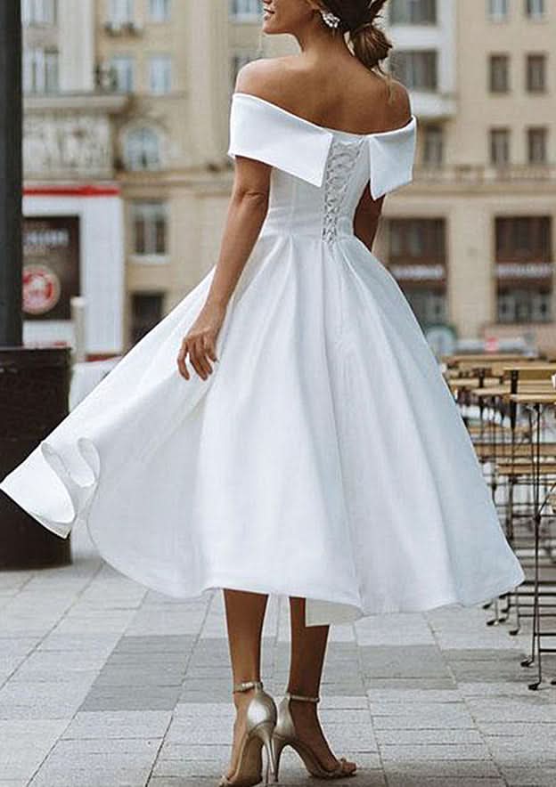 Elegant A-Line Off-The-Shoulder Short Sleeve Satin Tea-Length Homecoming Dress With Pleated Ruffles BM bride