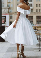Elegant A-Line Off-The-Shoulder Short Sleeve Satin Tea-Length Homecoming Dress With Pleated Ruffles BM bride