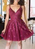 Beautiful A-Line V-Neck Sleeveless Lace Tulle Mini Homecoming Dress With Appliqued Details BM bride