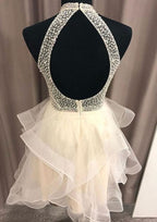 Unique A-Line High-Neck Sleeveless Organza Mini Homecoming Dress With Beading BM bride