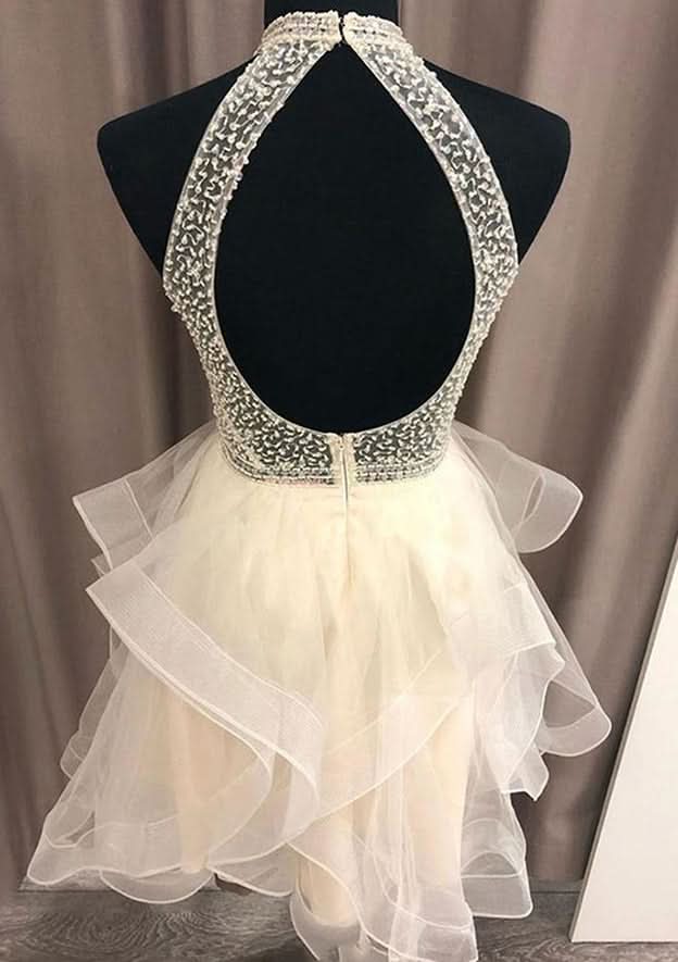 Unique A-Line High-Neck Sleeveless Organza Mini Homecoming Dress With Beading BM bride