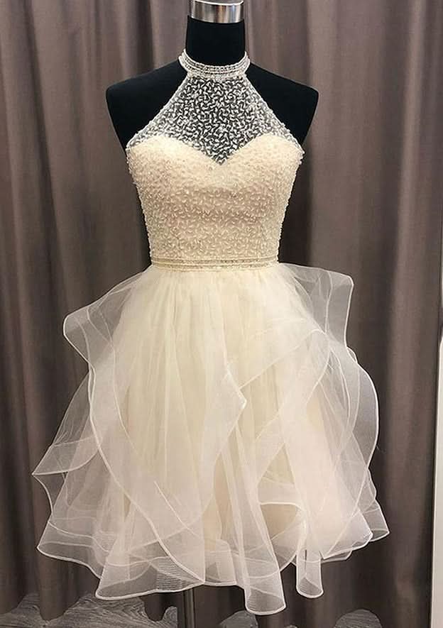 Unique A-Line High-Neck Sleeveless Organza Mini Homecoming Dress With Beading BM bride