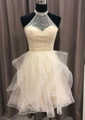 Unique A-Line High-Neck Sleeveless Organza Mini Homecoming Dress With Beading BM bride
