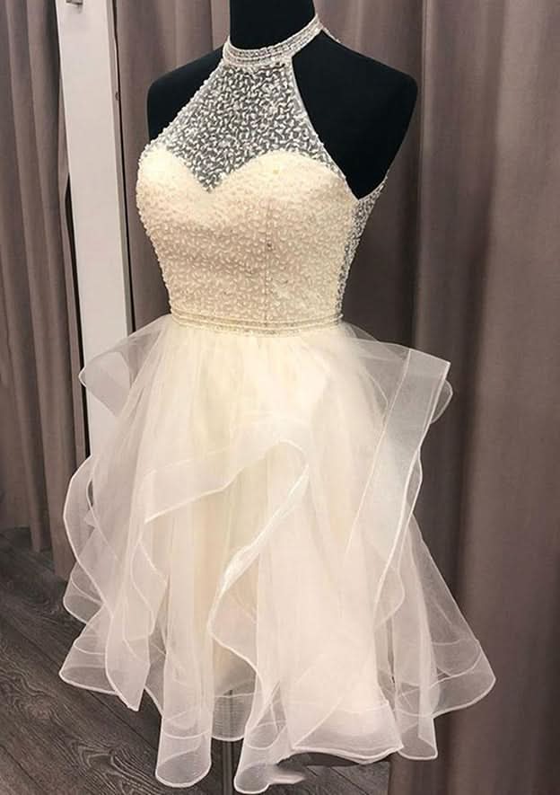 Unique A-Line High-Neck Sleeveless Organza Mini Homecoming Dress With Beading BM bride