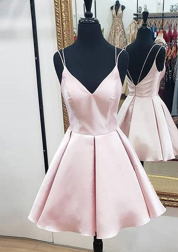 Graceful A-Line V-Neck Sleeveless Satin Mini Homecoming Dress With Ruffles BM bride