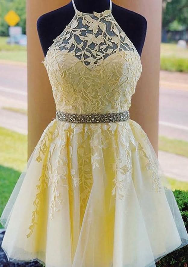 Stylish A-Line Halter Sleeveless Lace Tulle Mini Homecoming Dress With Beading BM bride