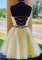 Stylish A-Line Halter Sleeveless Lace Tulle Mini Homecoming Dress With Beading BM bride
