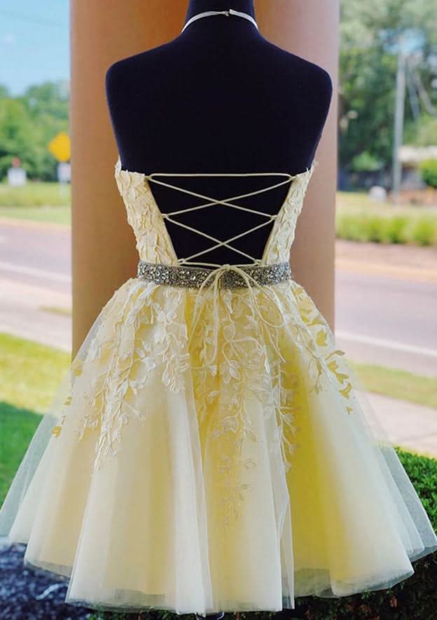 Stylish A-Line Halter Sleeveless Lace Tulle Mini Homecoming Dress With Beading BM bride