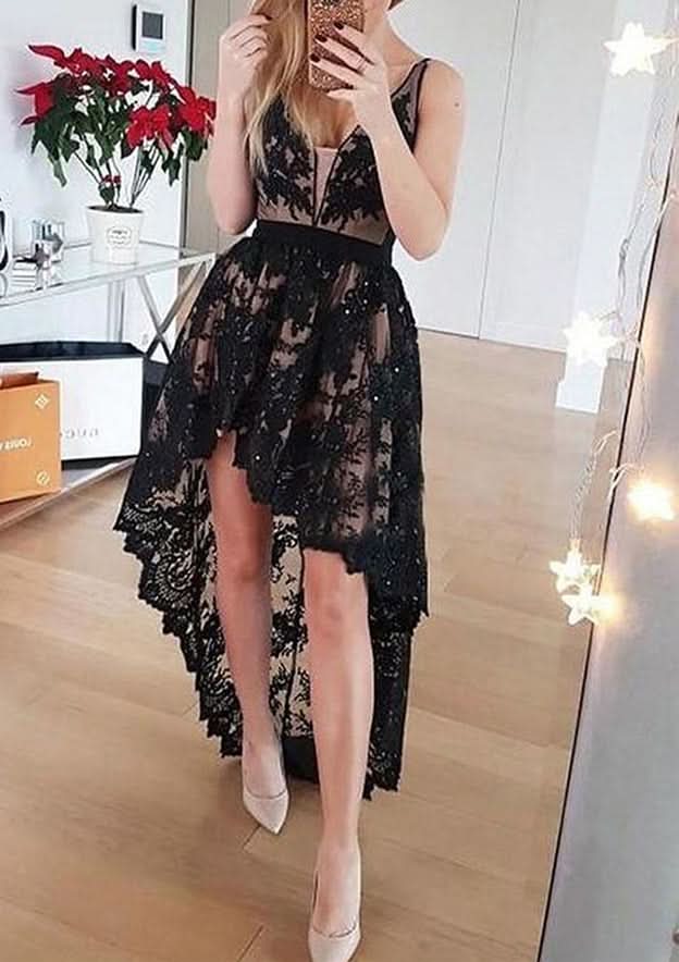 Modern A-Line V-Neck Sleeveless Lace Satin Asymmetrical Homecoming Dress With Sequins BM bride