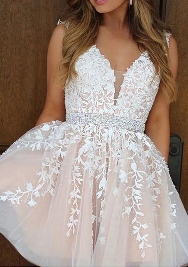 Stunning A-Line V-Neck Sleeveless Lace Tulle Mini Homecoming Dress With Appliqued Beading BM bride