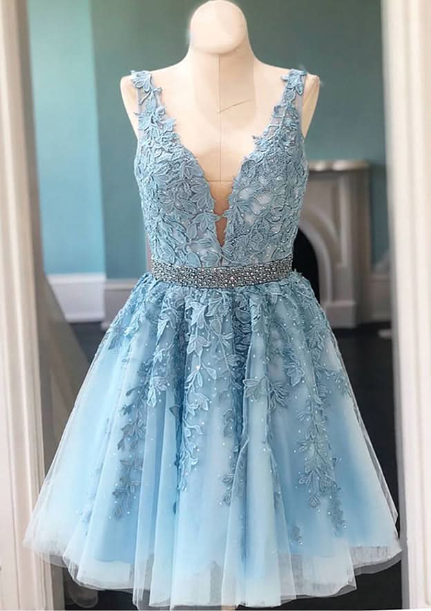 Stunning A-Line V-Neck Sleeveless Lace Tulle Mini Homecoming Dress With Appliqued Beading BM bride