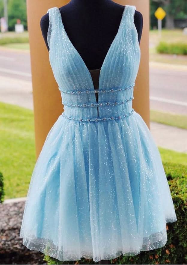 Radiant A-Line V-Neck Sleeveless Tulle Mini Homecoming Dress With Beading And Glitter BM bride