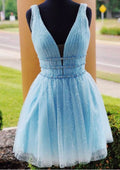 Radiant A-Line V-Neck Sleeveless Tulle Mini Homecoming Dress With Beading And Glitter BM bride