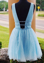 Radiant A-Line V-Neck Sleeveless Tulle Mini Homecoming Dress With Beading And Glitter BM bride