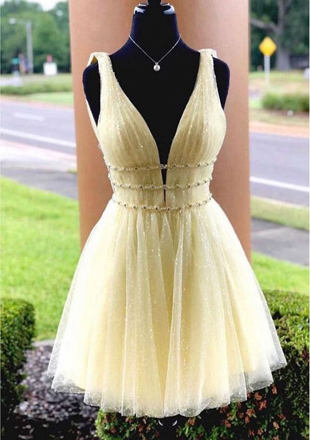 Radiant A-Line V-Neck Sleeveless Tulle Mini Homecoming Dress With Beading And Glitter BM bride