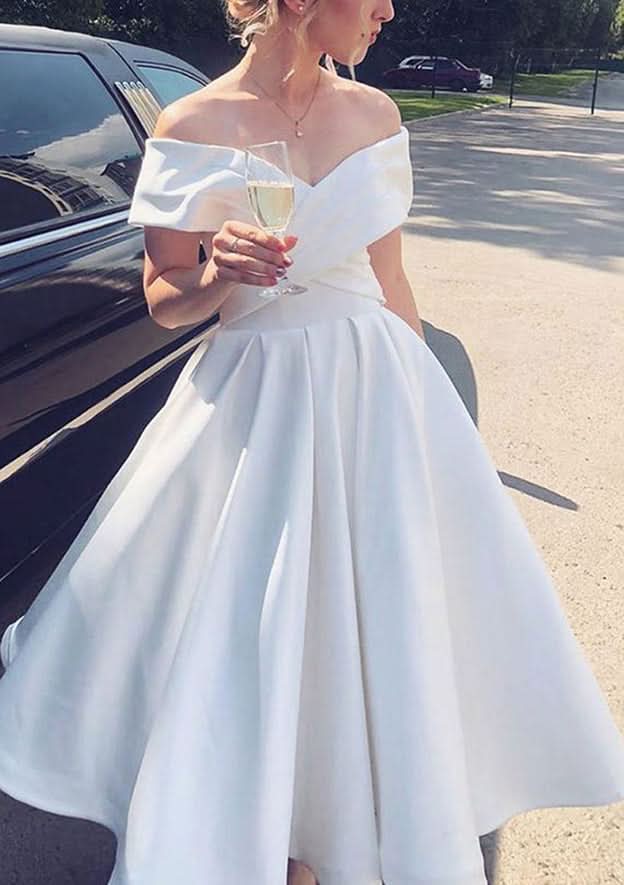 Elegant A-Line Off-The-Shoulder Short Sleeve Satin Tea-Length Homecoming Dress With Pleated Ruffles BM bride