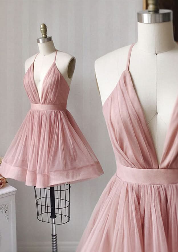 Delicate A-Line V-Neck Sleeveless Tulle Mini Homecoming Dress With Pleats BM bride