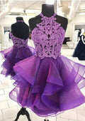 Unique A-Line Halter Sleeveless Organza Mini Homecoming Dress With Appliqued Beading Lace BM bride