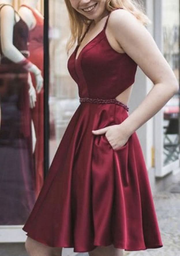 Charming A-Line V-Neck Sleeveless Satin Mini Homecoming Dress With Beading BM bride