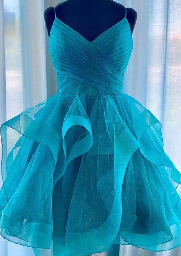 Radiant A-Line V-Neck Mini Tulle Homecoming Dress With Glitter Pleats BM bride