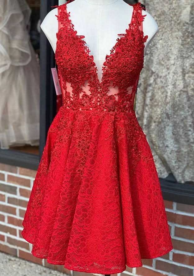 Beautiful A-Line V-Neck Sleeveless Lace Mini Homecoming Dress With Beading BM bride